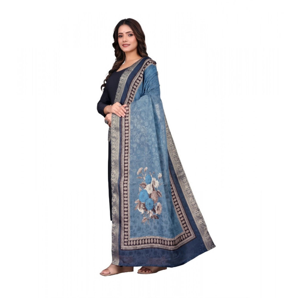 Women's chanderi silk Printed Shawl (Navy Blue, Length: 2 Mtr)