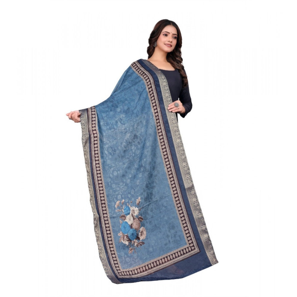 Women's chanderi silk Printed Shawl (Navy Blue, Length: 2 Mtr)