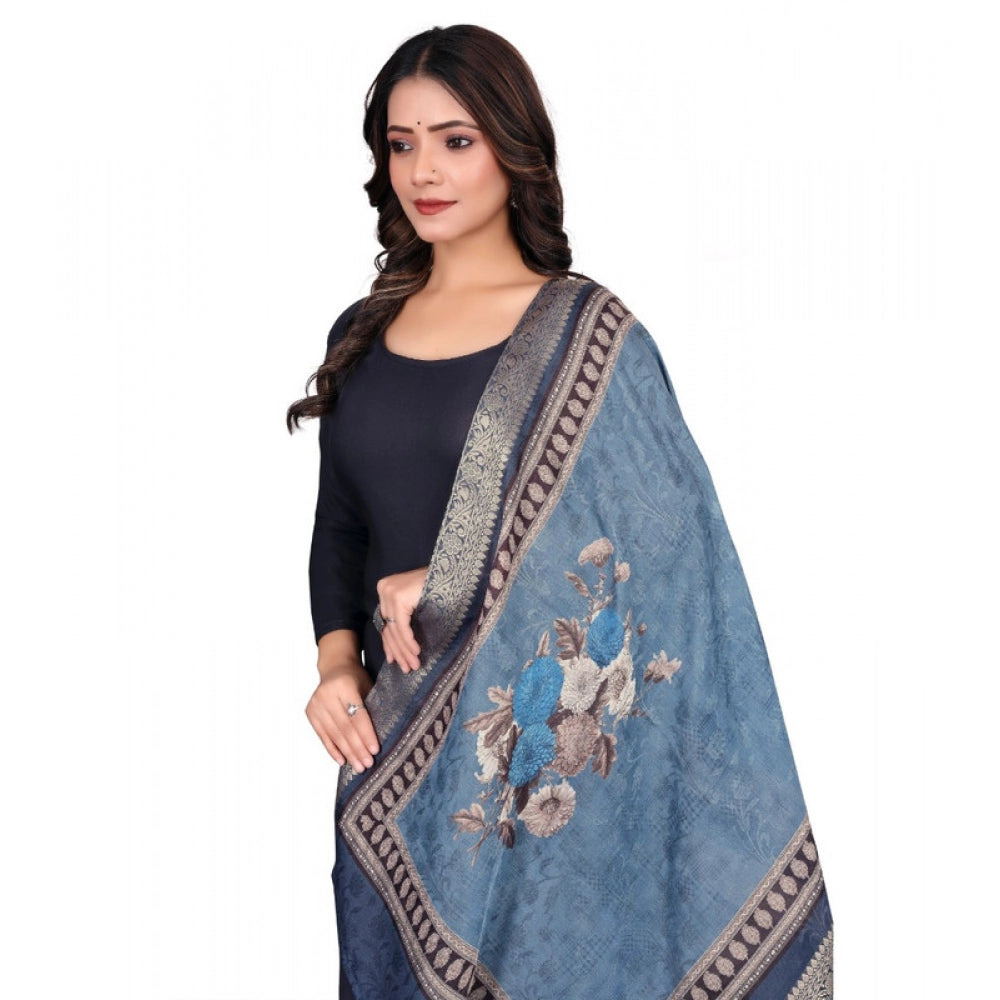 Women's chanderi silk Printed Shawl (Navy Blue, Length: 2 Mtr)