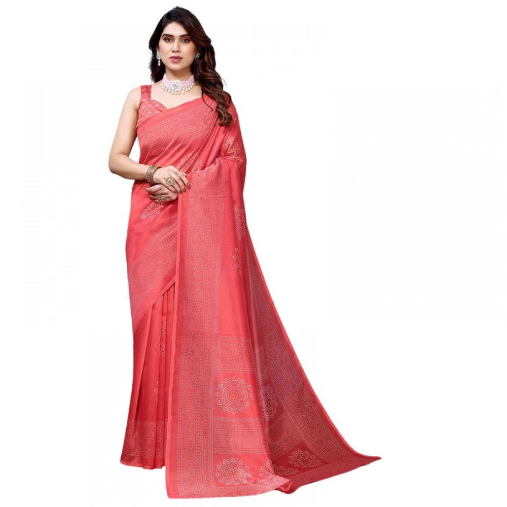 Women's Litchi silk Printed Saree With Unstitched Blouse 5-6 Mtrs (Peach)