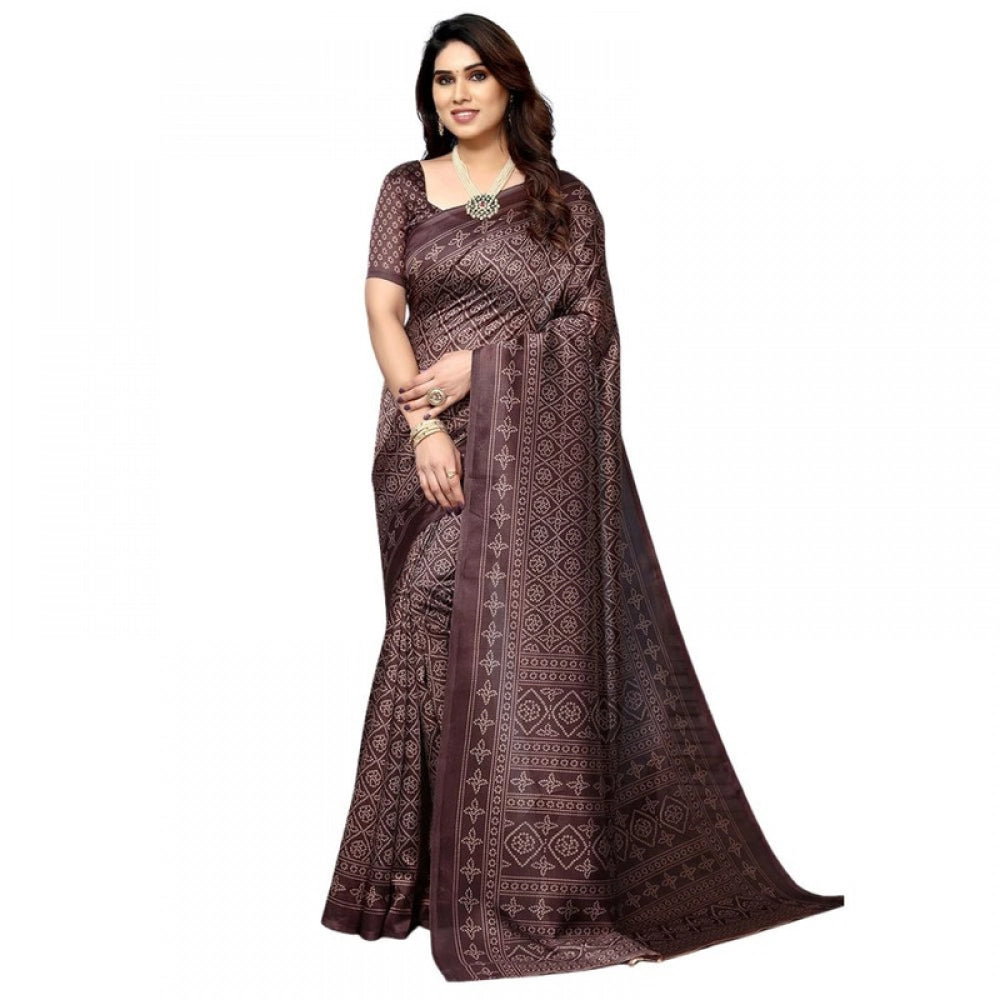 Women's Litchi silk Printed Saree With Unstitched Blouse 5-6 Mtrs (Brown)