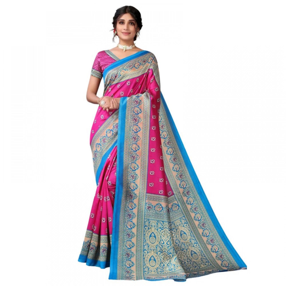 Women's Litchi silk Printed Saree With Unstitched Blouse 5-6 Mtrs (Pink)