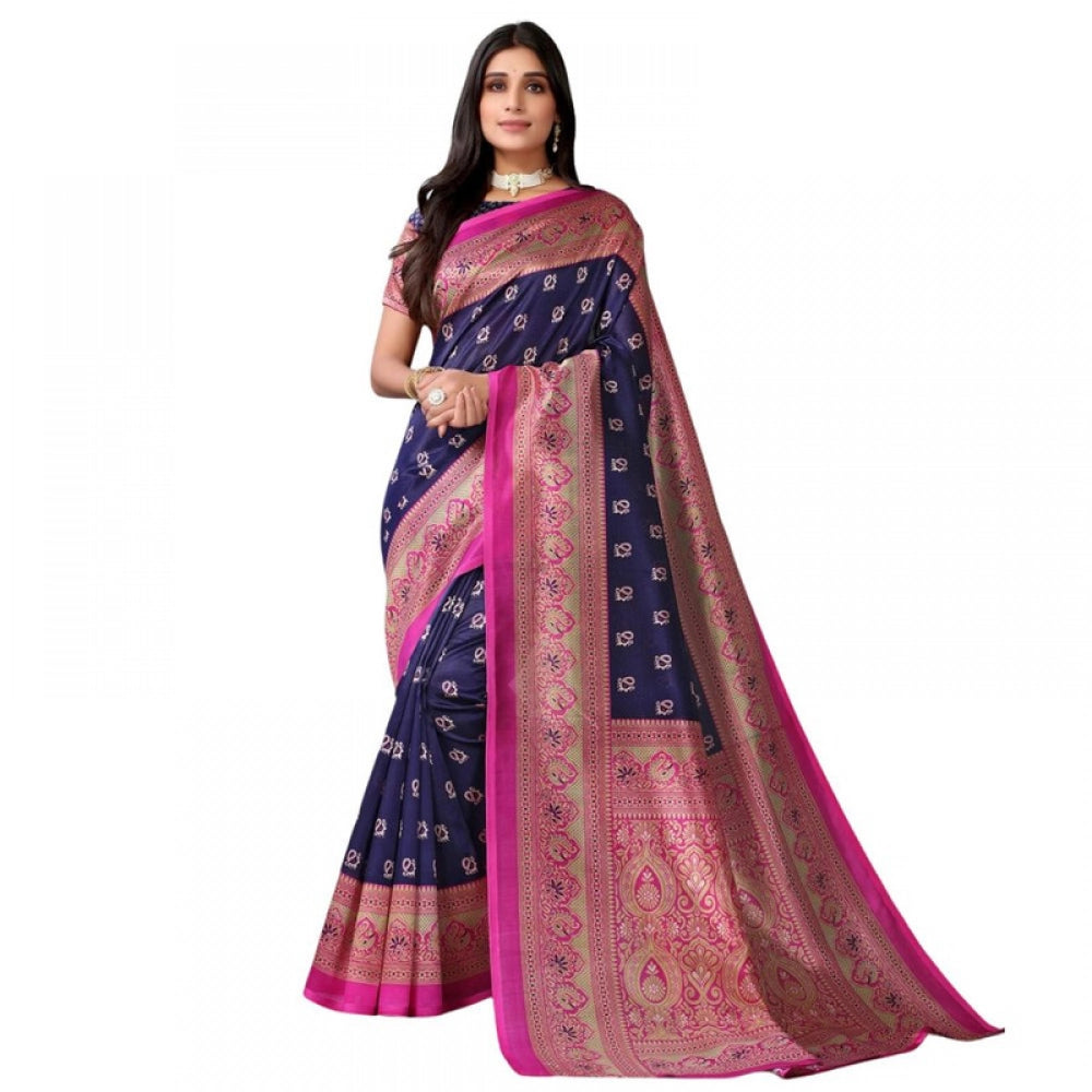 Women's Litchi silk Printed Saree With Unstitched Blouse 5-6 Mtrs (Navy Blue)
