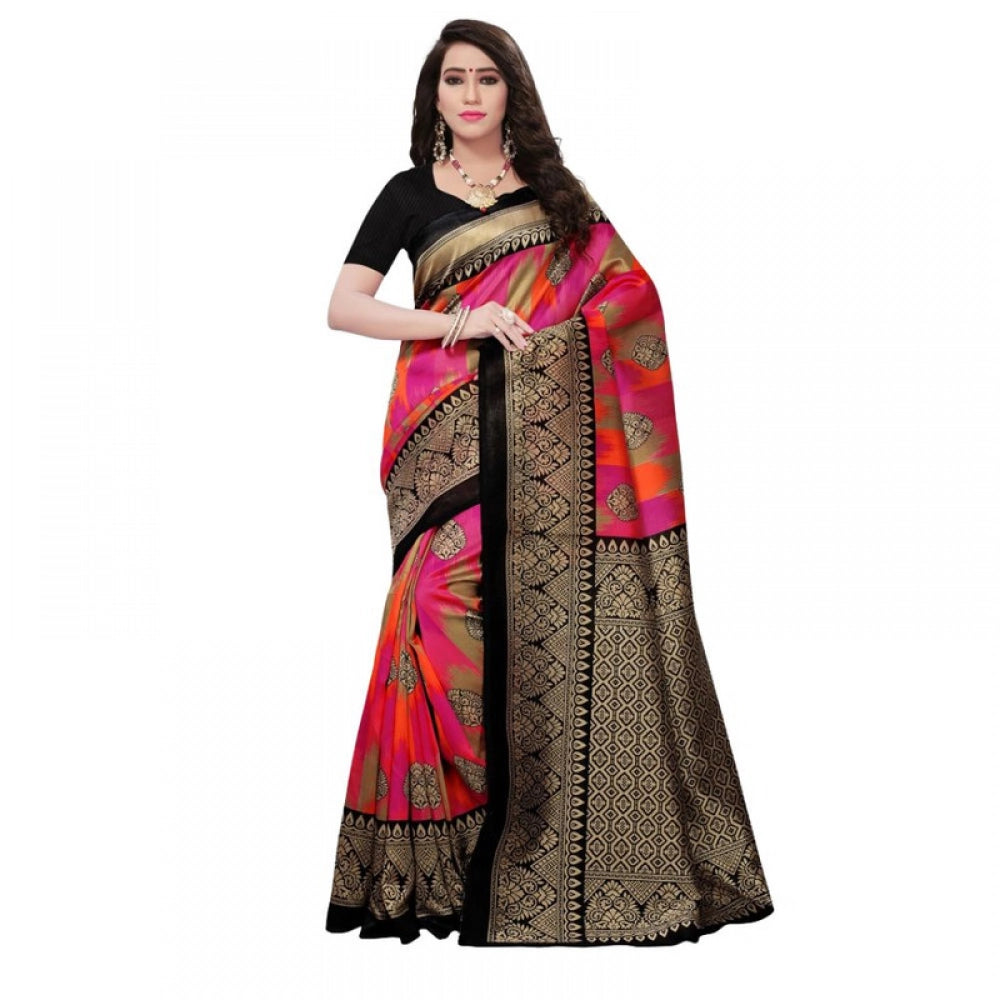 Women's Litchi silk Printed Saree With Unstitched Blouse 5-6 Mtrs (Pink)