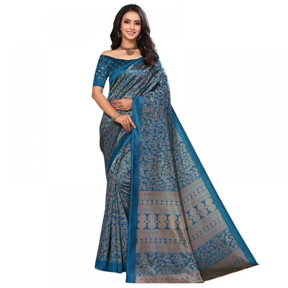 Women's Litchi silk Printed Saree With Unstitched Blouse 5-6 Mtrs (Blue)