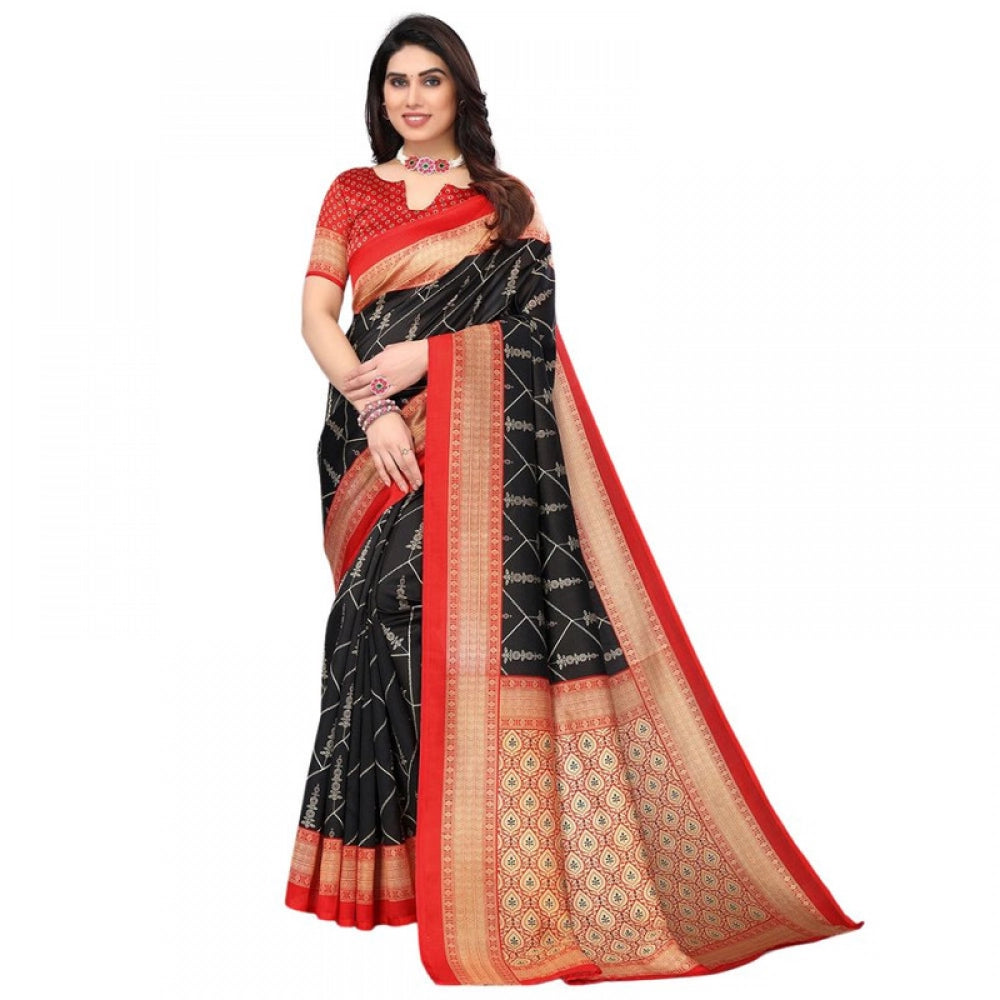 Women's Litchi silk Printed Saree With Unstitched Blouse 5-6 Mtrs (Black)