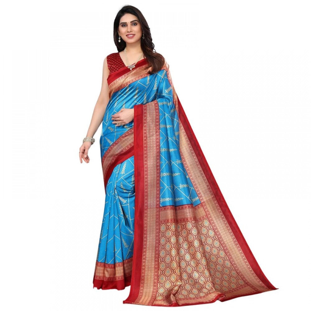 Women's Litchi silk Printed Saree With Unstitched Blouse 5-6 Mtrs (Blue)