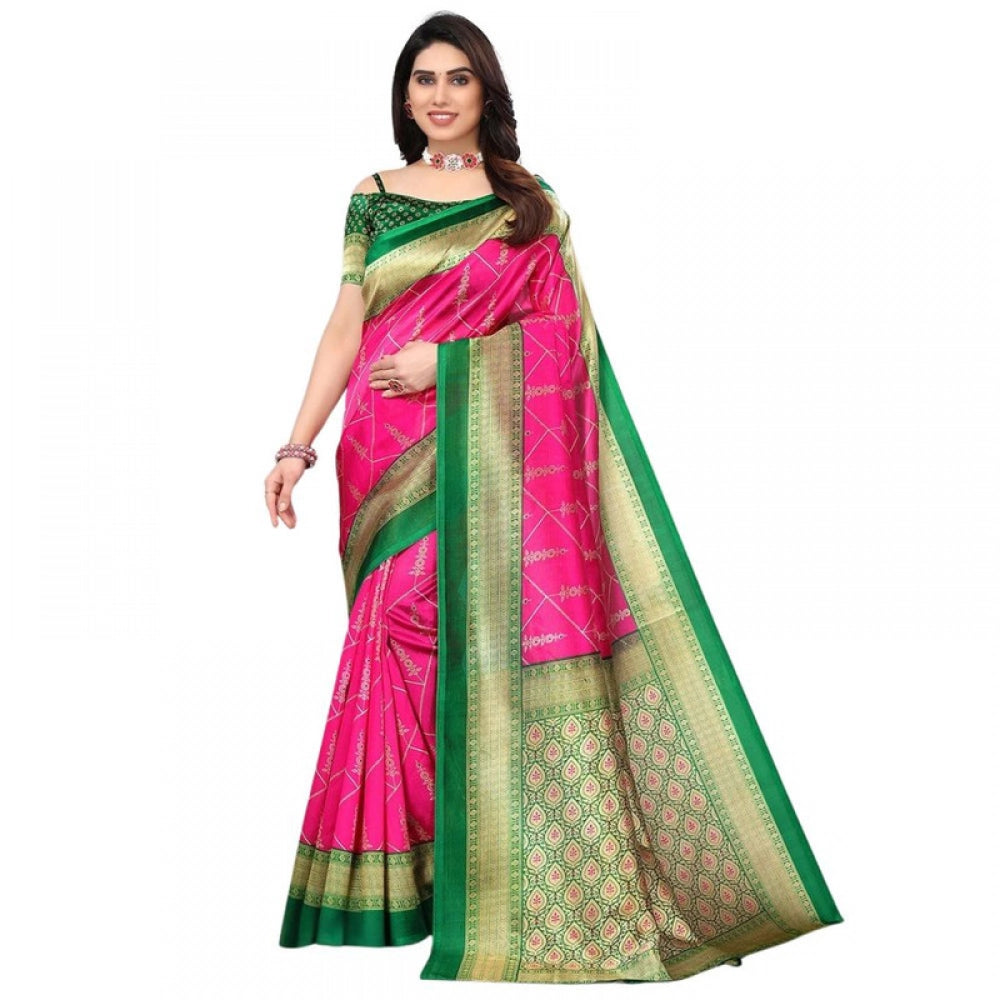 Women's Litchi silk Printed Saree With Unstitched Blouse 5-6 Mtrs (Pink)