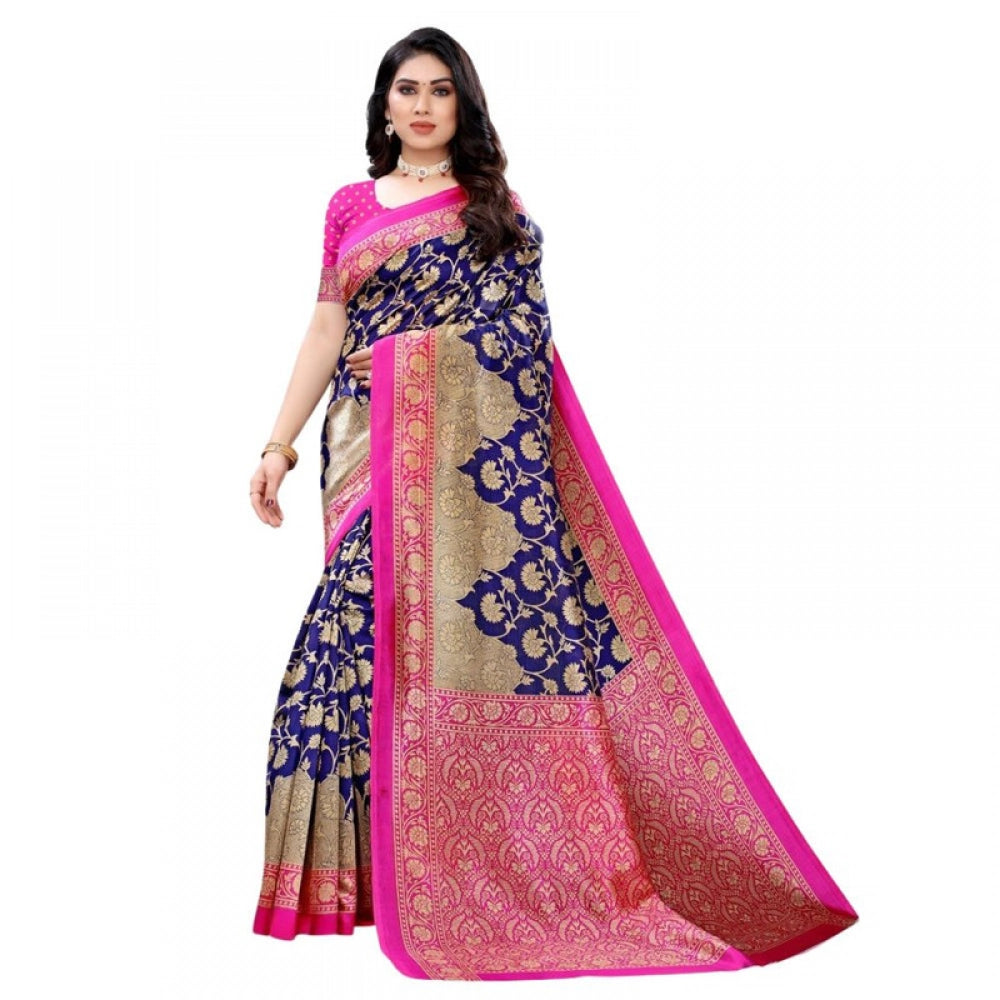 Women's Litchi silk Printed Saree With Unstitched Blouse 5-6 Mtrs (Blue)