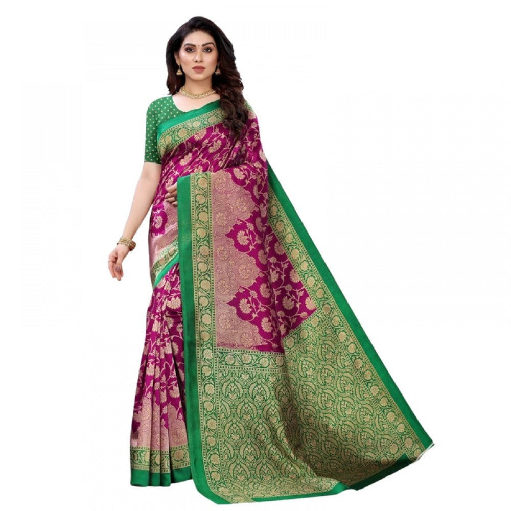 Women's Litchi silk Printed Saree With Unstitched Blouse 5-6 Mtrs (Rani Pink)