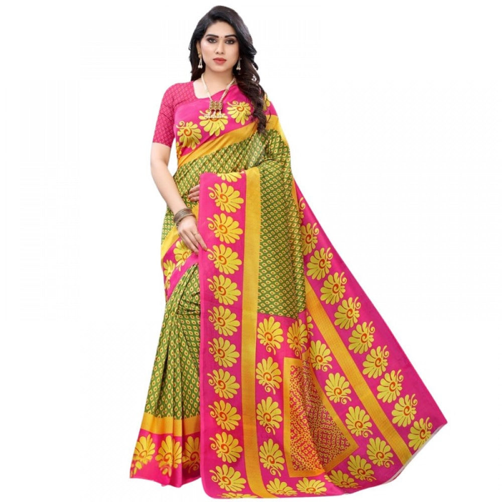 Women's Litchi silk Printed Saree With Unstitched Blouse 5-6 Mtrs (Green)