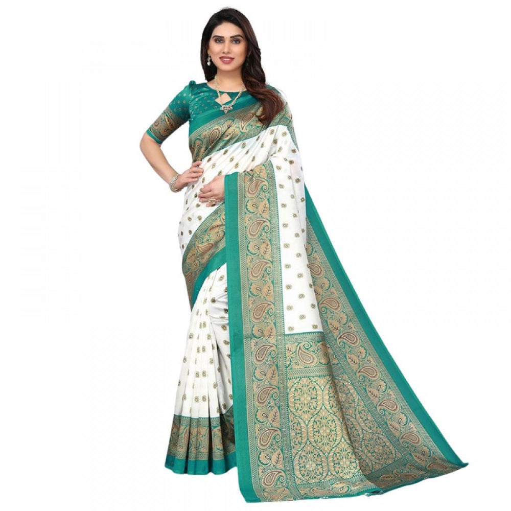 Women's Litchi silk Printed Saree With Unstitched Blouse 5-6 Mtrs (Turquoise Blue)