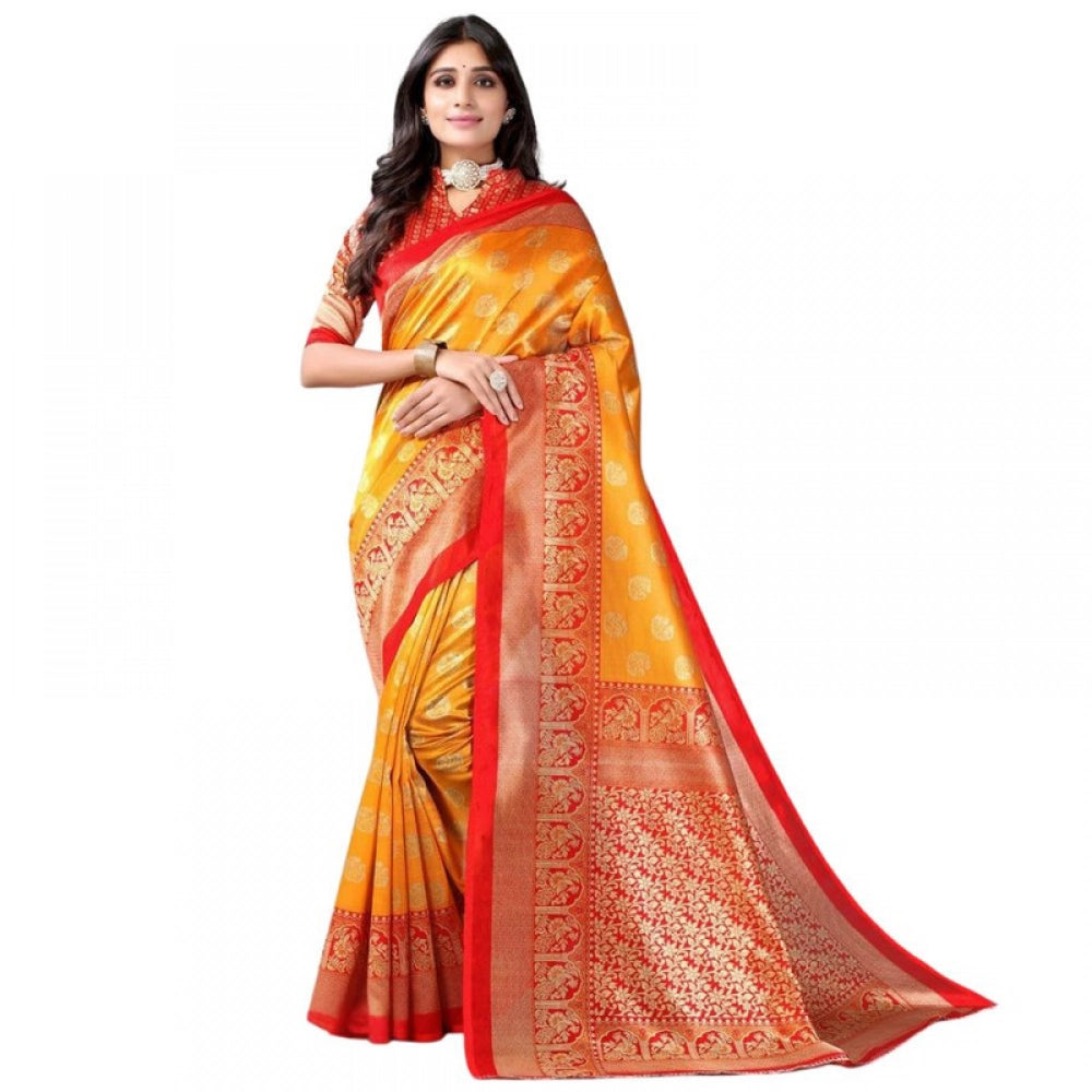 Women's Litchi silk Printed Saree With Unstitched Blouse 5-6 Mtrs (Mustard Yellow)