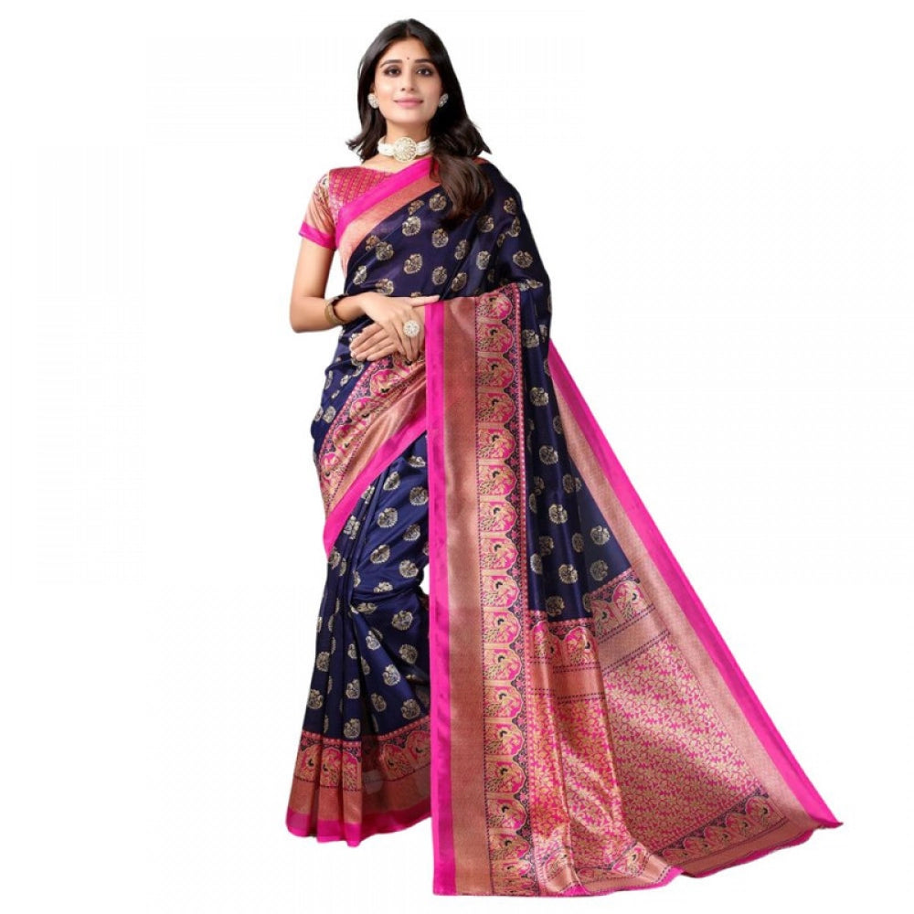 Women's Litchi silk Printed Saree With Unstitched Blouse 5-6 Mtrs (Navy Blue)