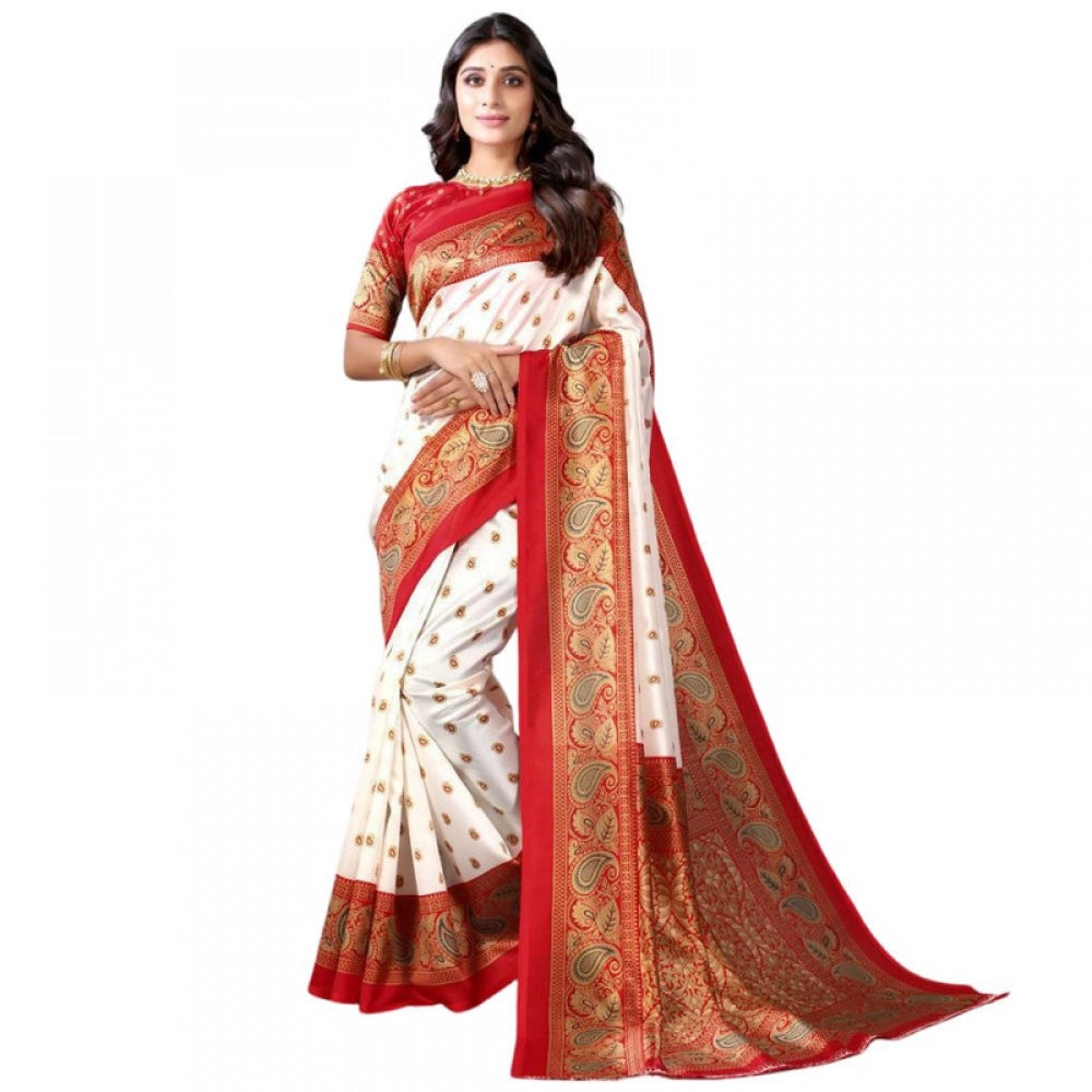 Women's Litchi silk Printed Saree With Unstitched Blouse 5-6 Mtrs (Red)