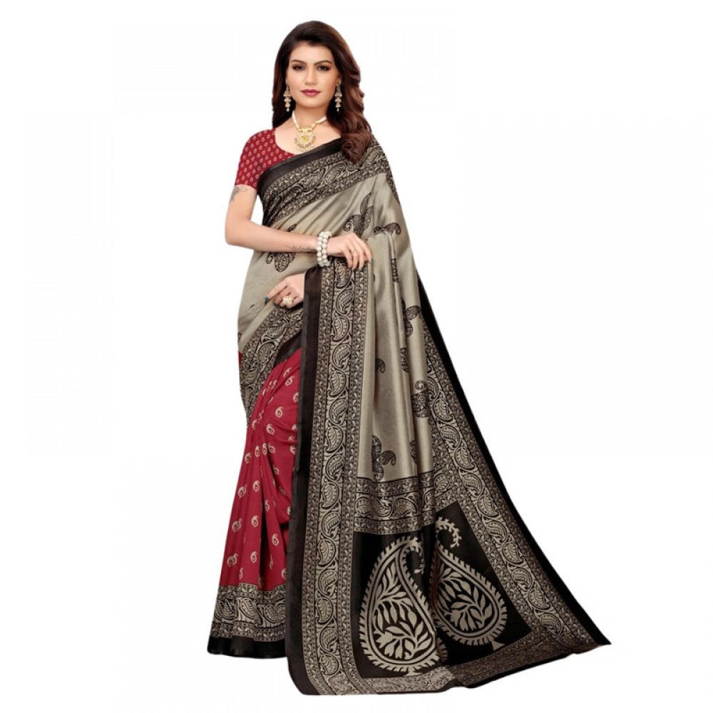Women's Litchi silk Printed Saree With Unstitched Blouse 5-6 Mtrs (Red)