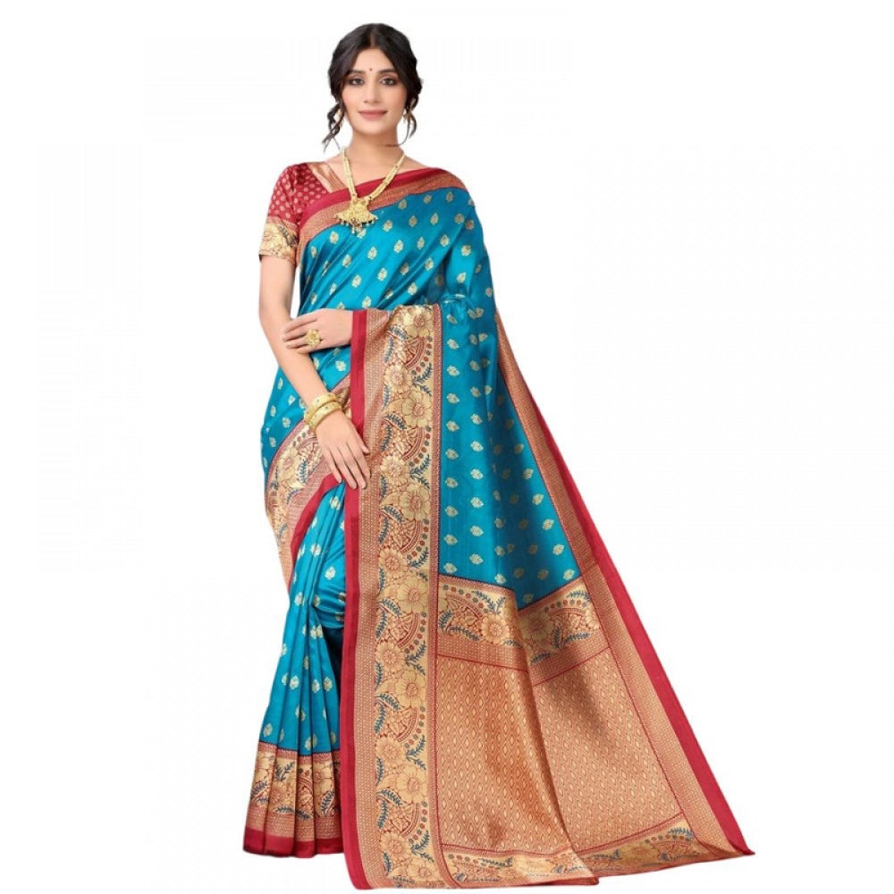 Women's Litchi silk Printed Saree With Unstitched Blouse 5-6 Mtrs (Blue)