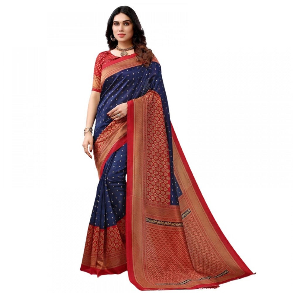 Women's Litchi silk Printed Saree With Unstitched Blouse 5-6 Mtrs (Navy Blue)