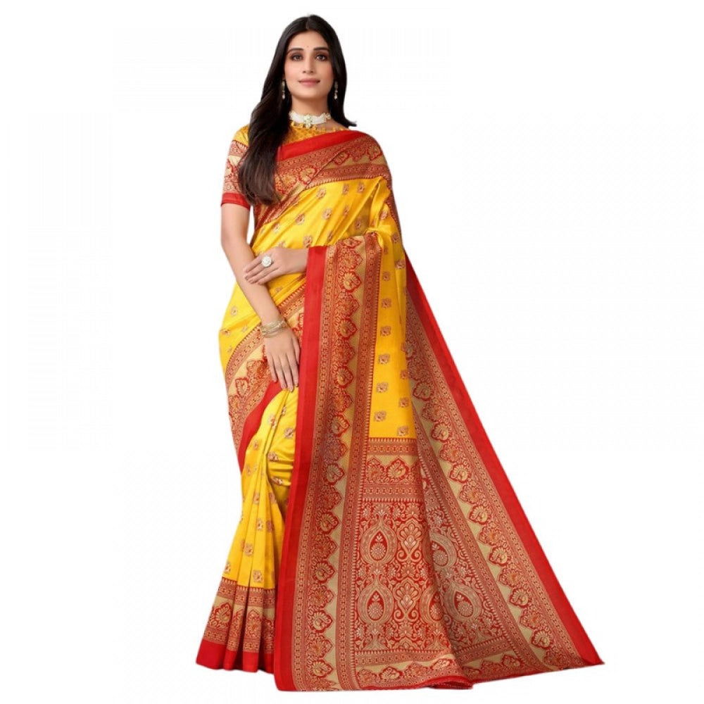 Women's Litchi silk Printed Saree With Unstitched Blouse 5-6 Mtrs (Yellow)