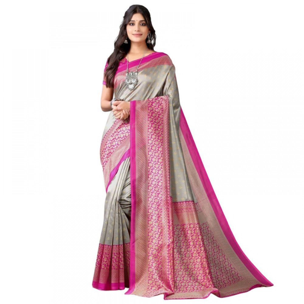 Women's Litchi silk Printed Saree With Unstitched Blouse 5-6 Mtrs (Gray)