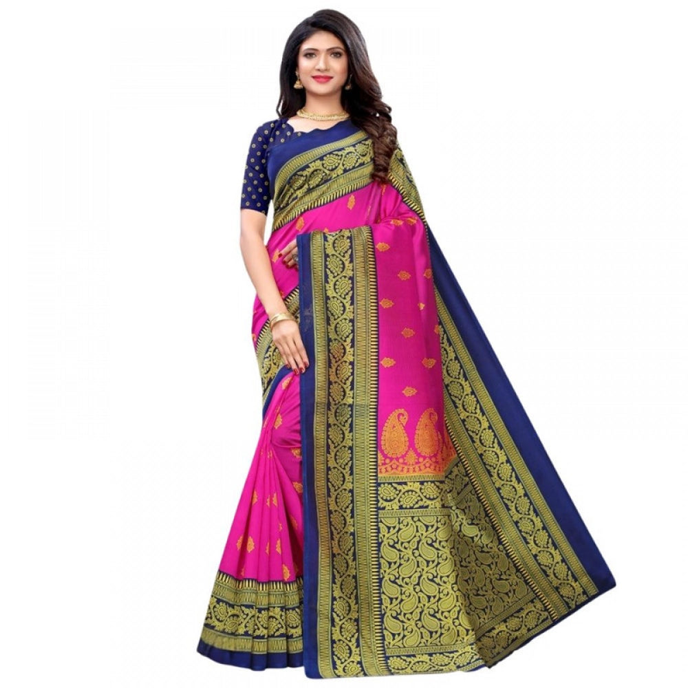 Women's Litchi silk Printed Saree With Unstitched Blouse 5-6 Mtrs (Pink)