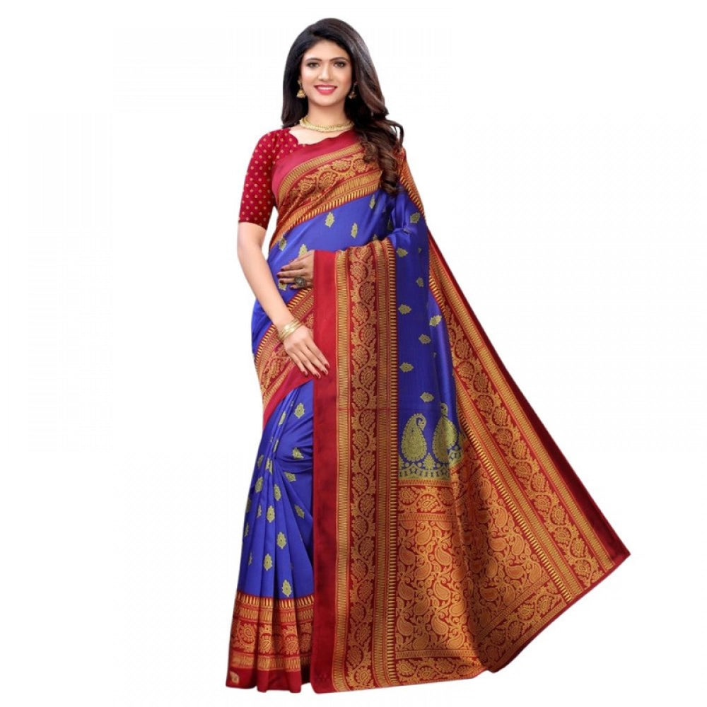 Women's Litchi silk Printed Saree With Unstitched Blouse 5-6 Mtrs (Blue)
