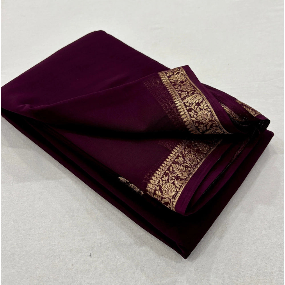 Women's Crepe Chit Pallu Solid Saree With Unstitched Blouse 5.5Mtr (Dark Wine)