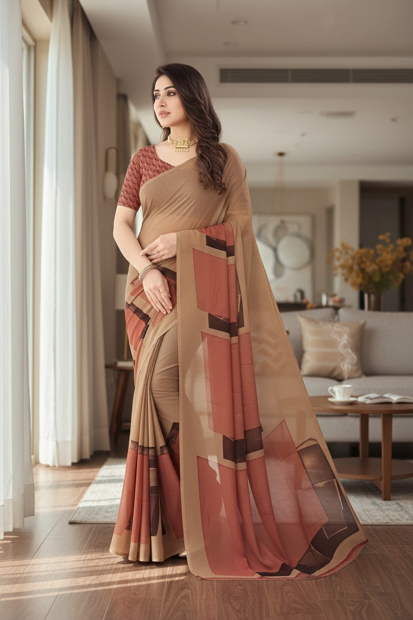 Women's Georgette Printed Saree With Unstitched Blouse 5.5Mtr (Coffee)