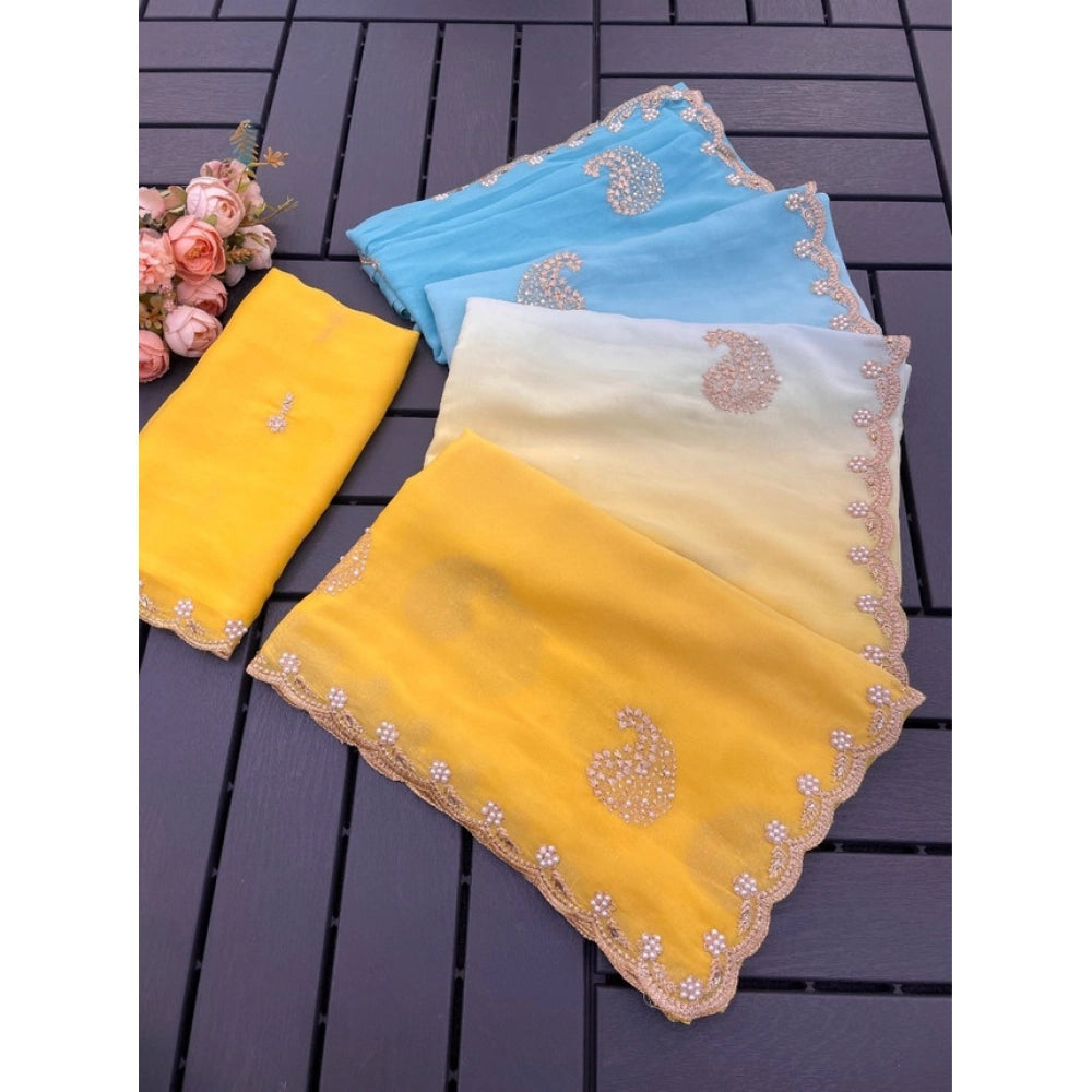 Women's Digital Printed Geogette Saree With Unstitched Blouse (Yellow, 5-6 Mtrs)
