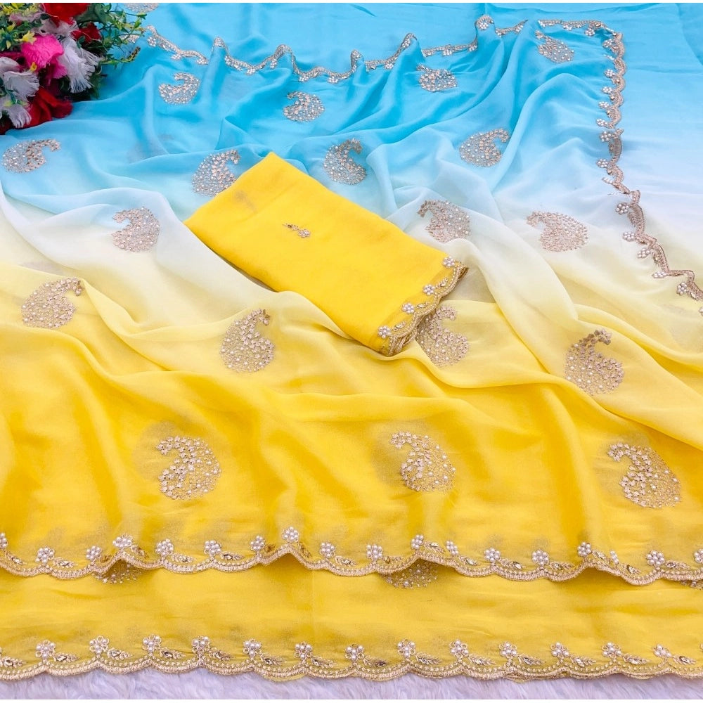 Women's Digital Printed Geogette Saree With Unstitched Blouse (Yellow, 5-6 Mtrs)