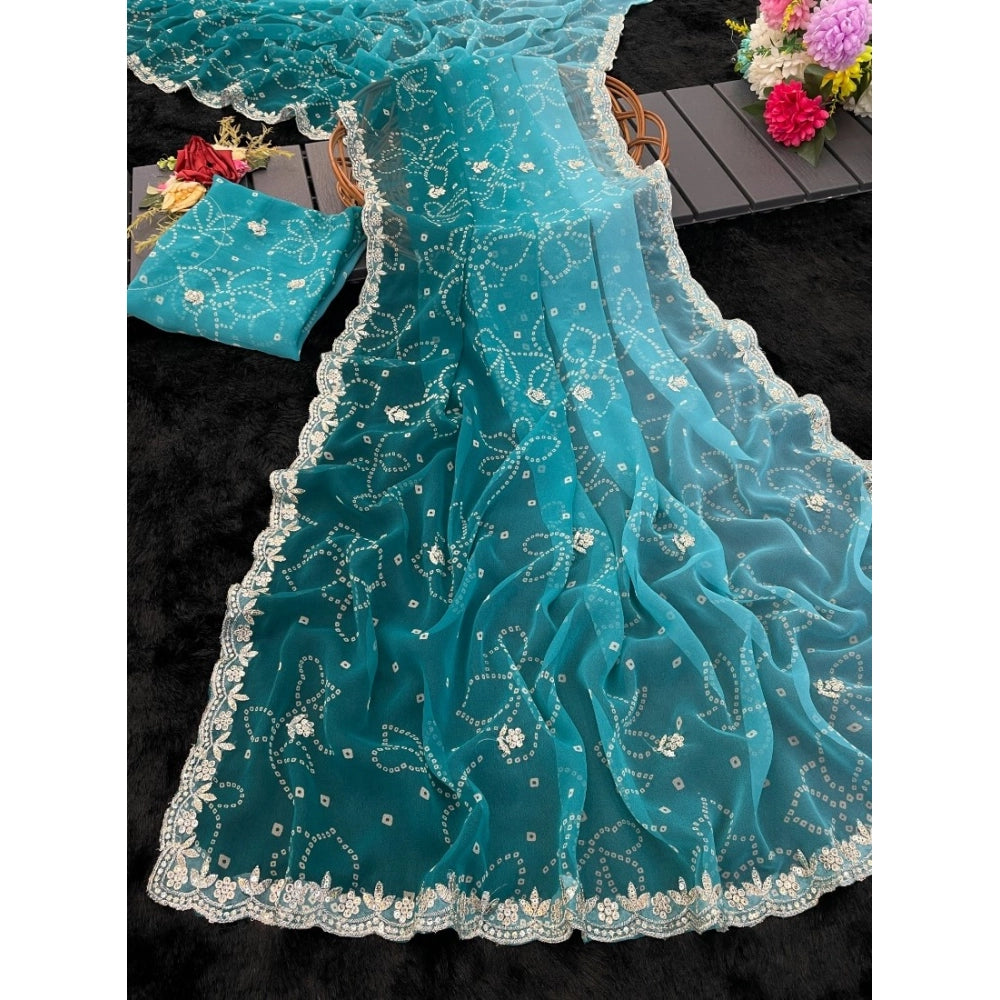 Women's Digital Printed Georgette Saree With Unstitched Blouse (Blue, 5-6 Mtrs)