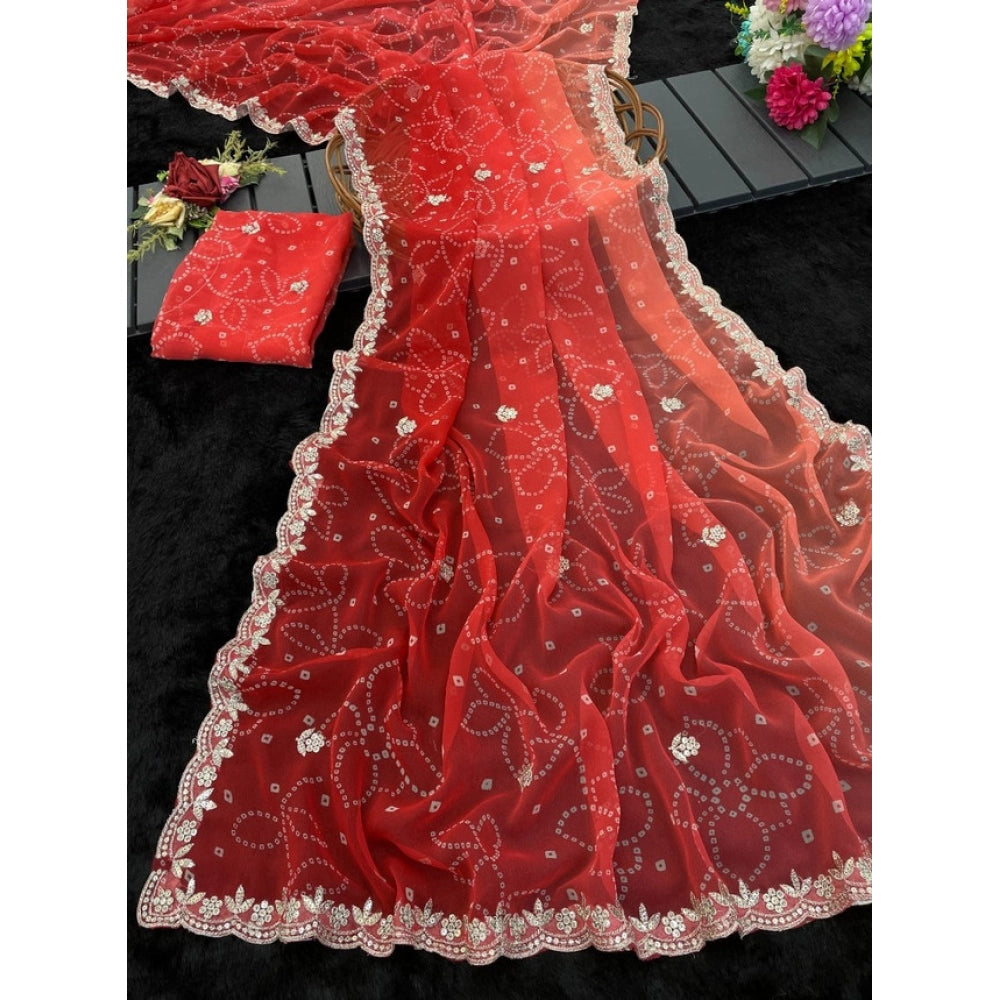 Women's Digital Printed Georgette Saree With Unstitched Blouse (Red, 5-6 Mtrs)