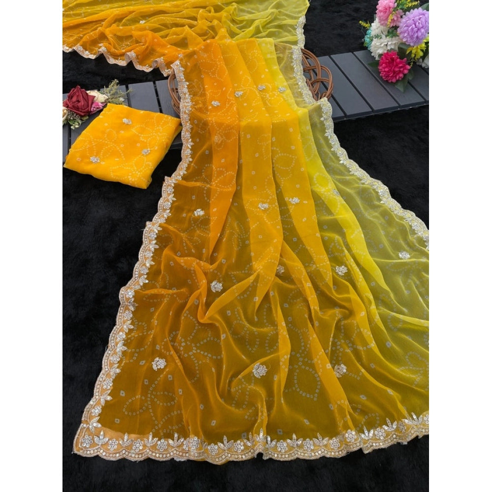 Women's Digital Printed Georgette Saree With Unstitched Blouse (Yellow, 5-6 Mtrs)