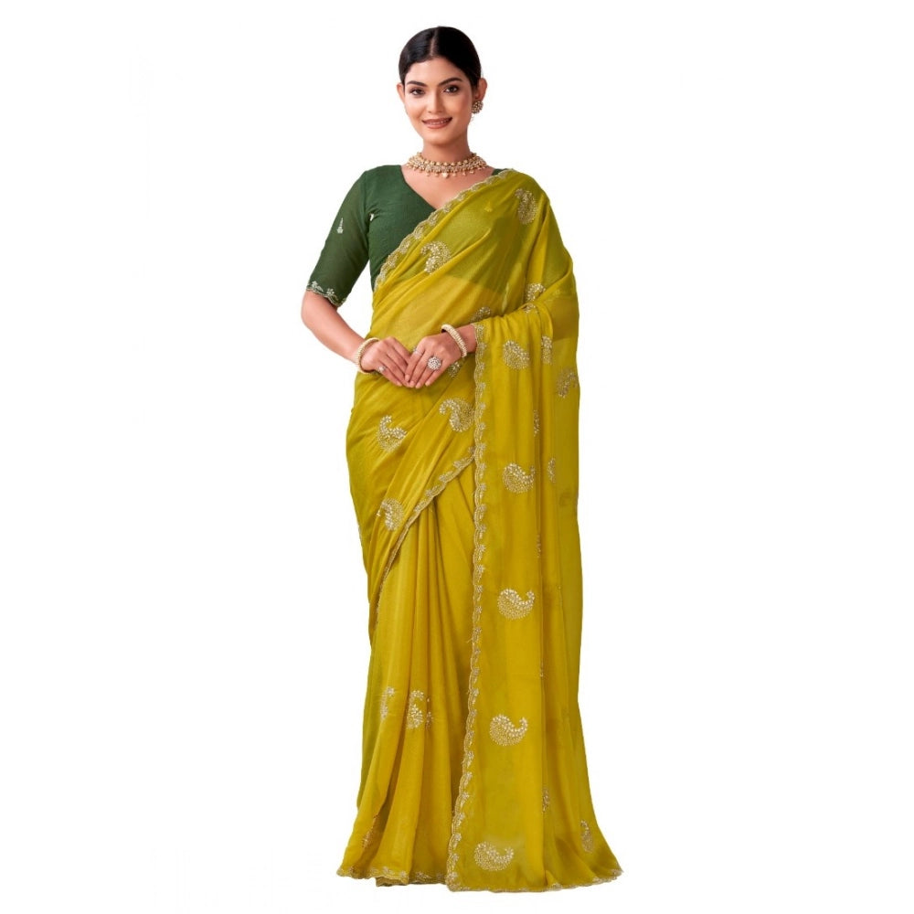 Women's Digital Printed Georgette Saree With Unstitched Blouse (Yellow, 5-6 Mtrs)