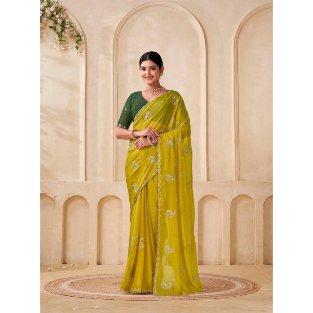 Women's Digital Printed Georgette Saree With Unstitched Blouse (Yellow, 5-6 Mtrs)
