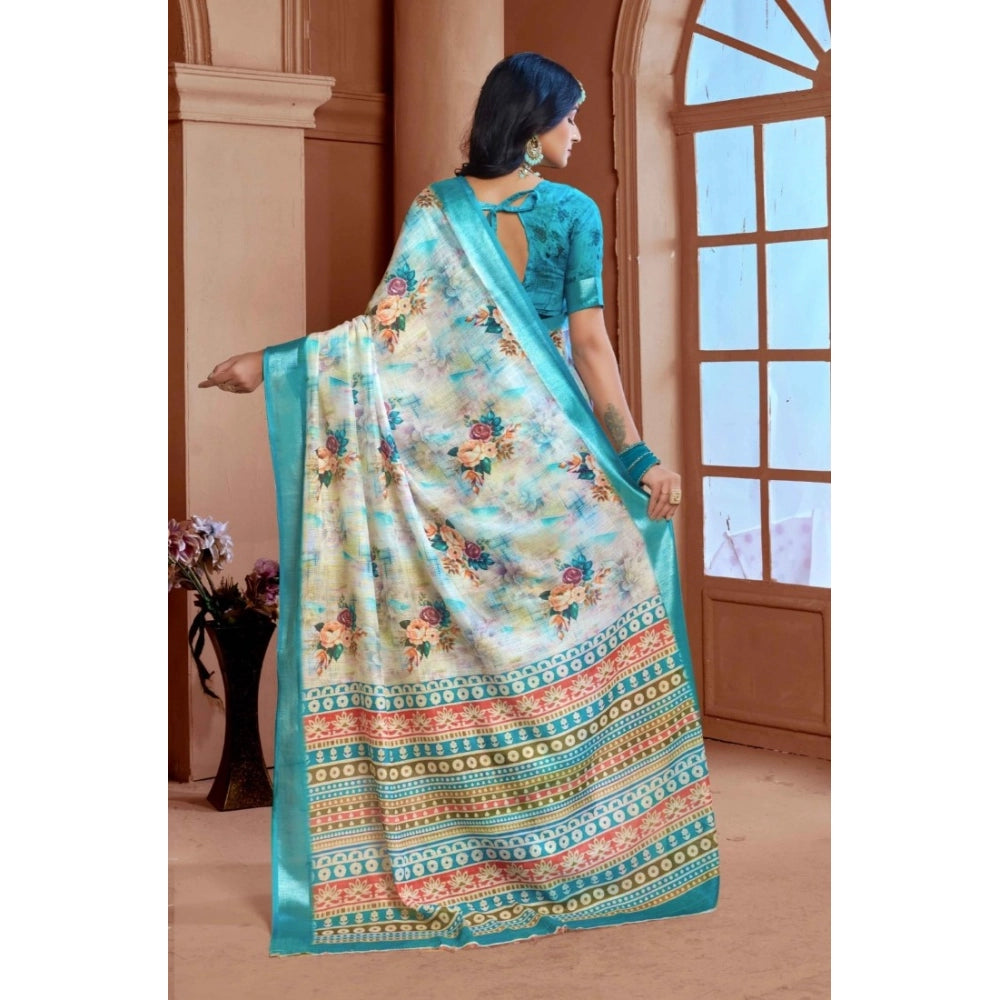 Women's Printed Cotton Linen Saree withPrinted  Saree With Unstitched Blouse (Blue, 5-6Mtrs)
