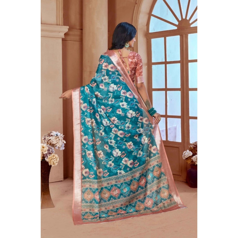 Women's Printed Cotton Linen Saree withPrinted  Saree With Unstitched Blouse (Peacook Green, 5-6Mtrs)