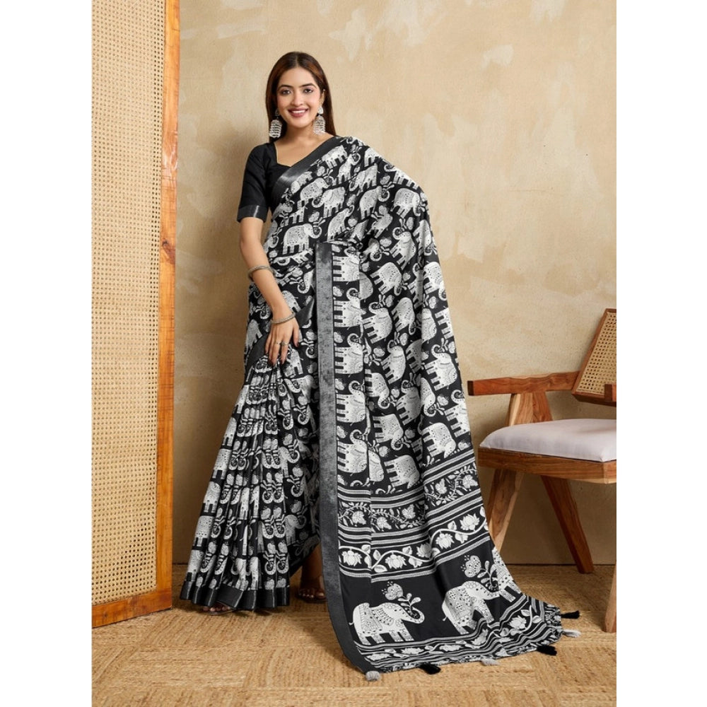 Women's Silk Blend Printed Saree With Unstitched Blouse 5.5Mtr (Black)