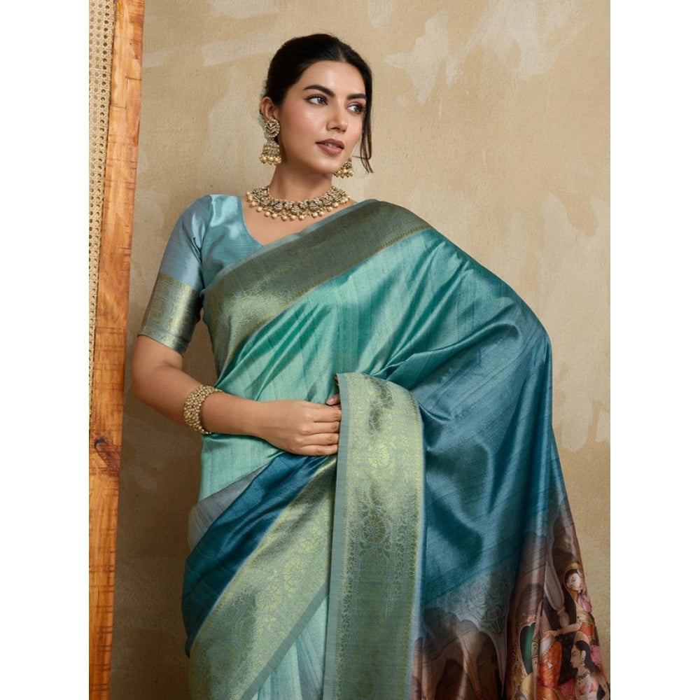 Women's Silk Printed Saree With Unstitched Blouse 5.5Mtr (Blue)