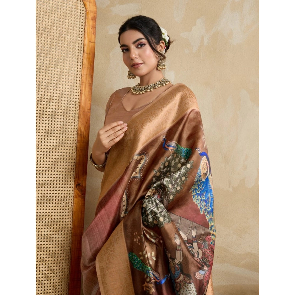 Women's Silk Printed Saree With Unstitched Blouse 5.5Mtr (Brown)