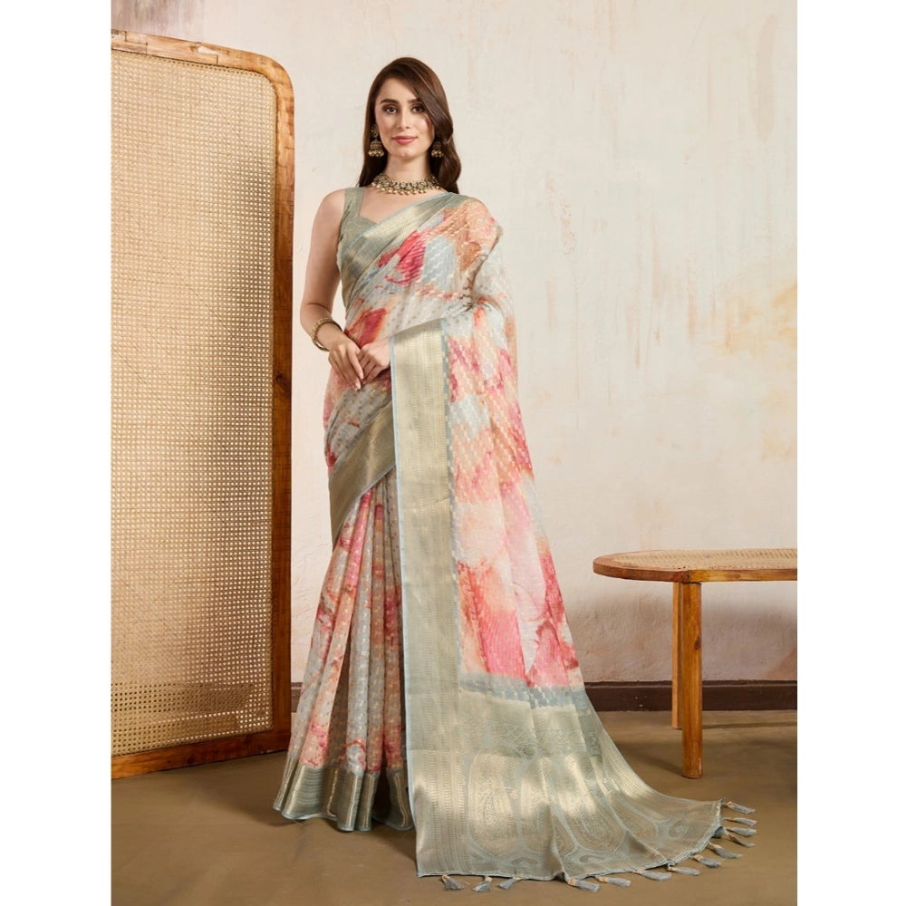 Women's Viscose Printed Saree With Unstitched Blouse 5.5Mtr (Cream)