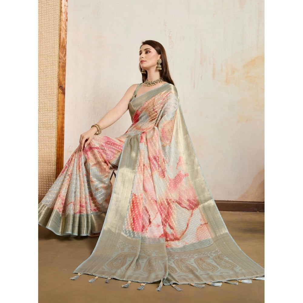 Women's Viscose Printed Saree With Unstitched Blouse 5.5Mtr (Cream)
