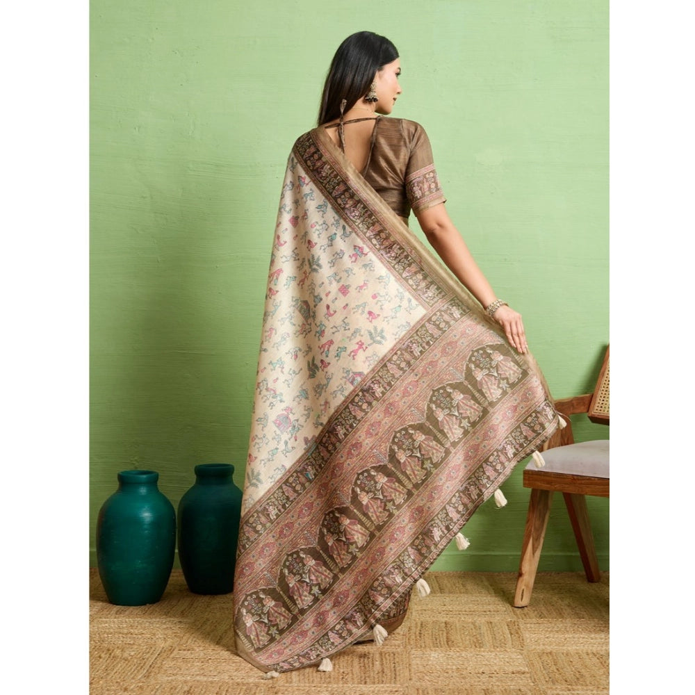 Women's Silk Blend Printed Saree With Unstitched Blouse 5.5Mtr (Cream)