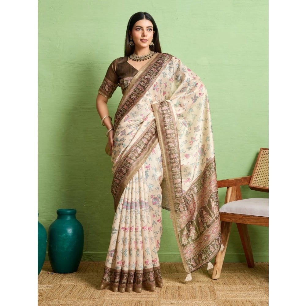 Women's Silk Blend Printed Saree With Unstitched Blouse 5.5Mtr (Cream)