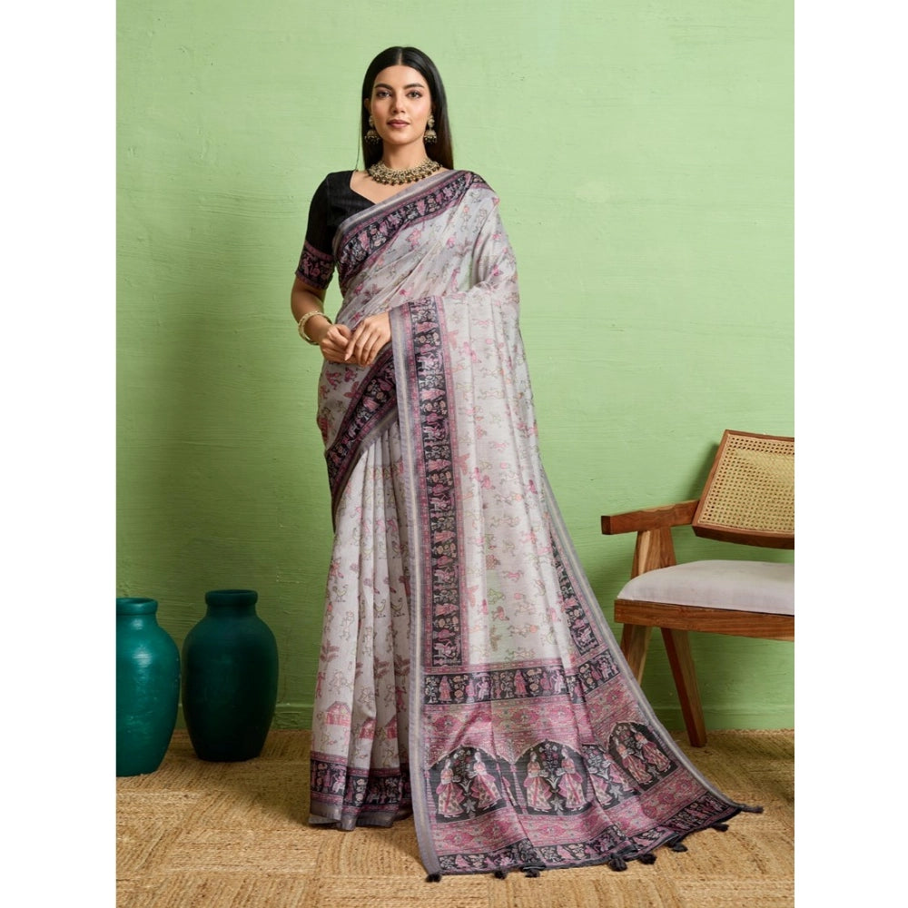 Women's Silk Blend Printed Saree With Unstitched Blouse 5.5Mtr (Grey)