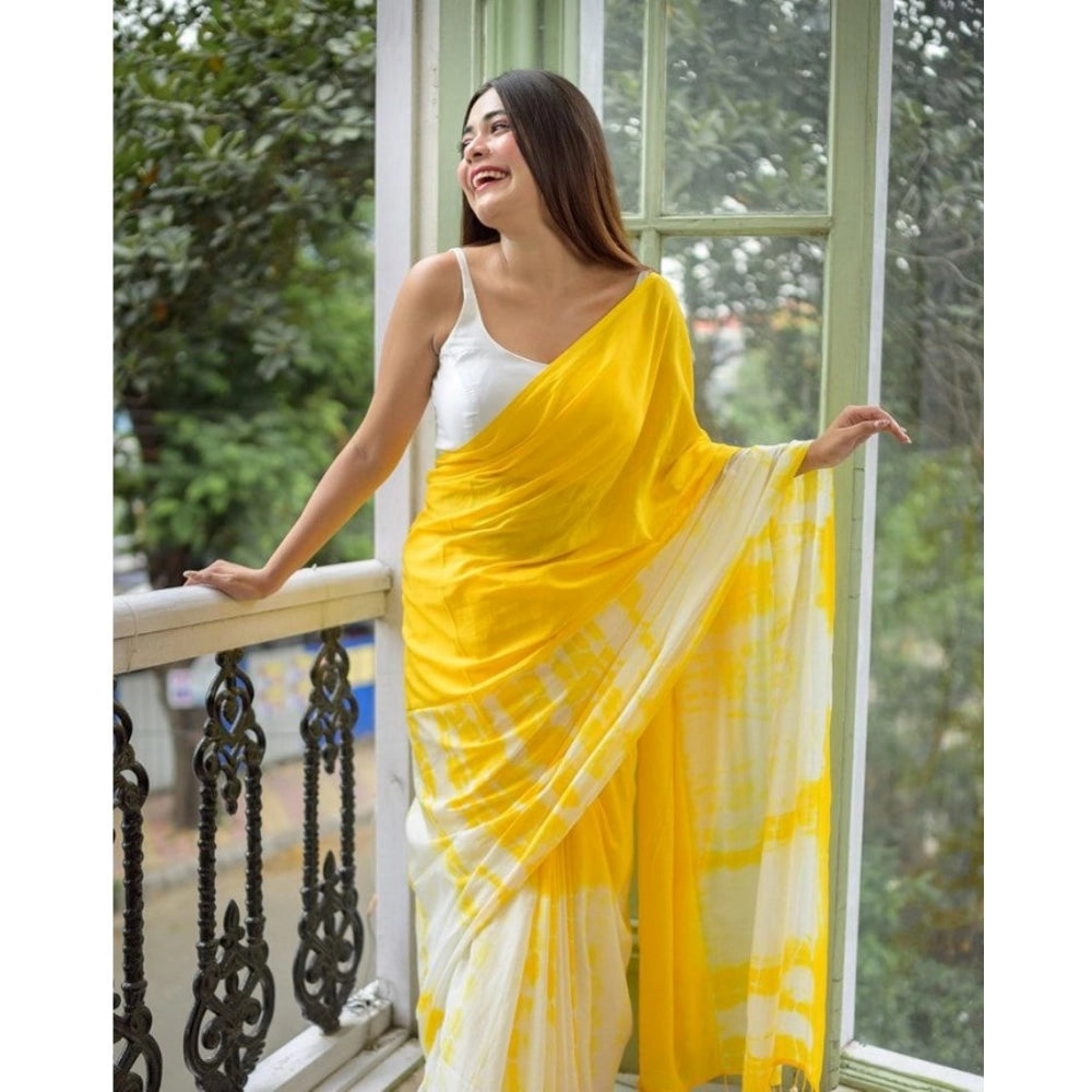 Women's Linen Printed Saree With Unstitched Blouse 5.5Mtr (Yellow)