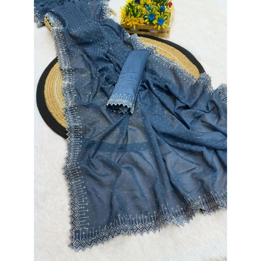 Women's Georgette Stone Work Saree With Unstitched Blouse 5.5Mtr (Grey)