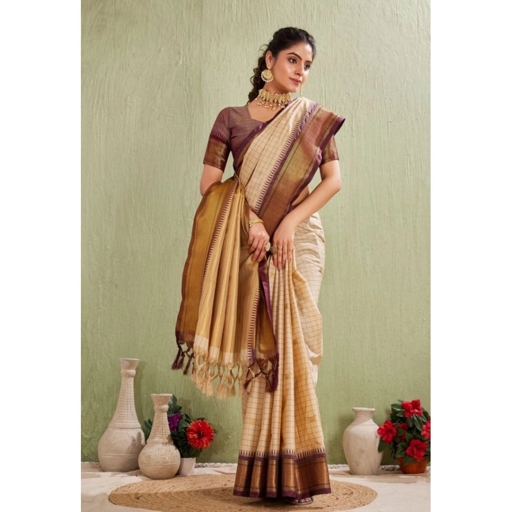 Women's Silk Blended Jaquard Woven Saree With Unstitched Blouse 5.5Mtr (Beige)