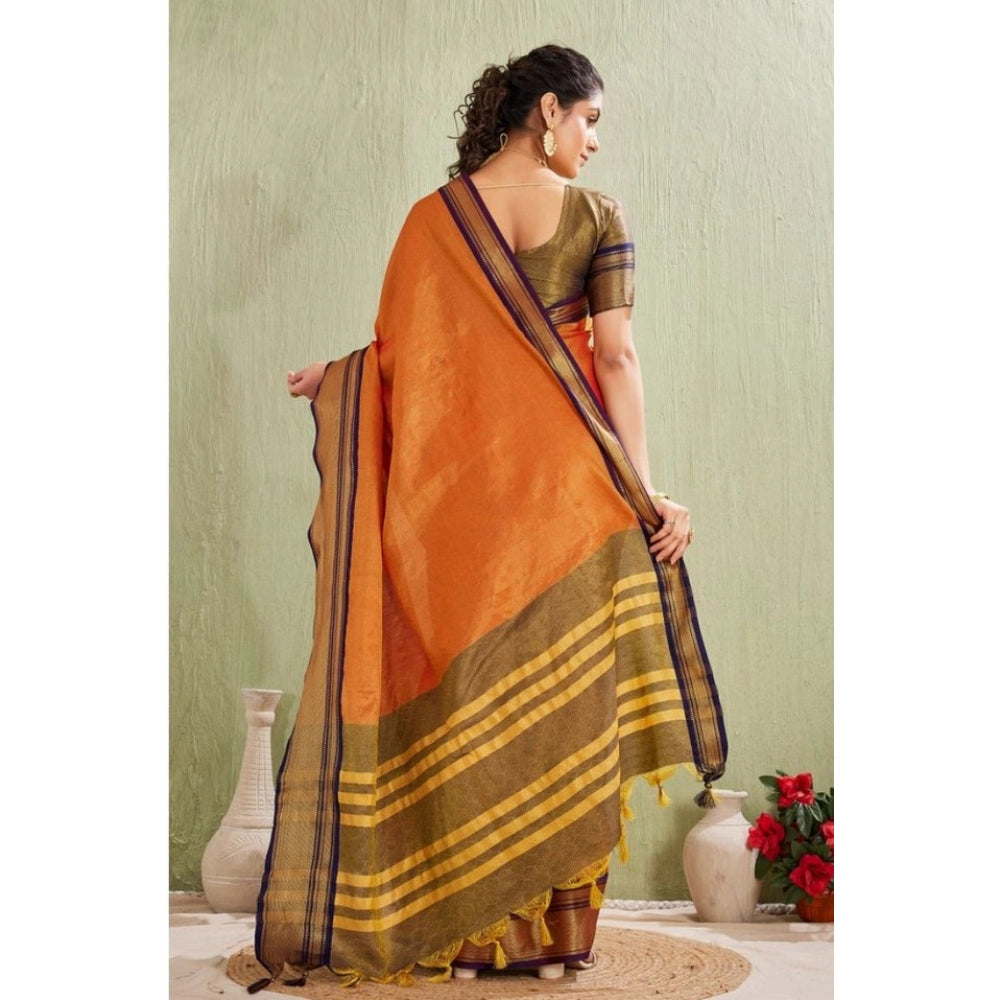 Women's Silk Blended Jaquard Woven Saree With Unstitched Blouse 5.5Mtr (Orange)