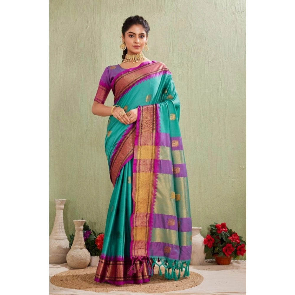 Women's Silk Blended Jaquard Woven Saree With Unstitched Blouse 5.5Mtr (Light Blue)